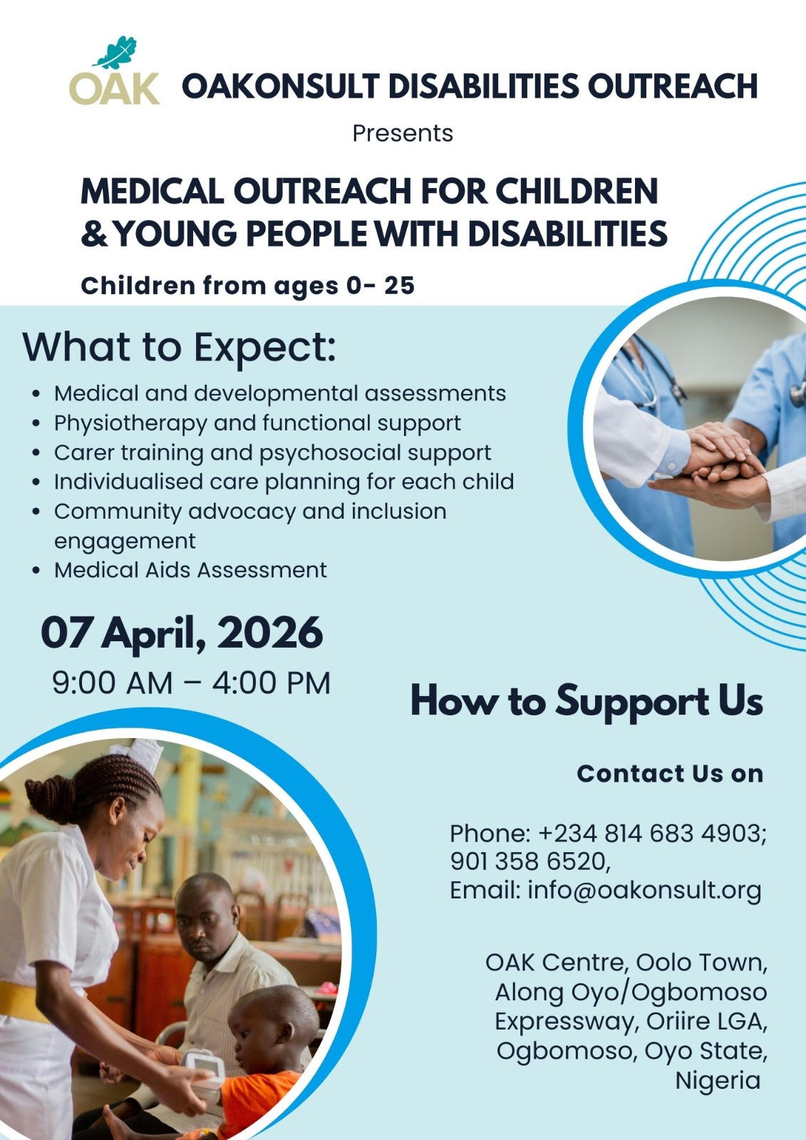 Medical outreach flyer showing expected assessments, support and contact details