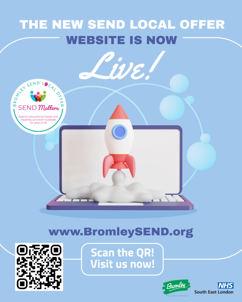 Bromley SEND Local Offer website launch graphic with Bromley and NHS South East London logos and the bromleysend.org website address.