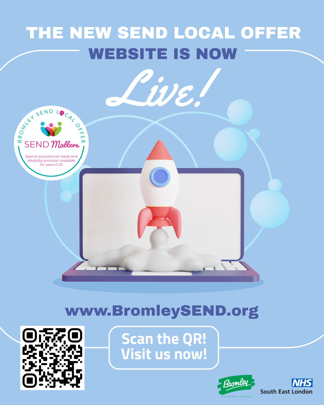 Bromley SEND Local Offer website launch graphic with Bromley and NHS South East London logos and the bromleysend.org website address.